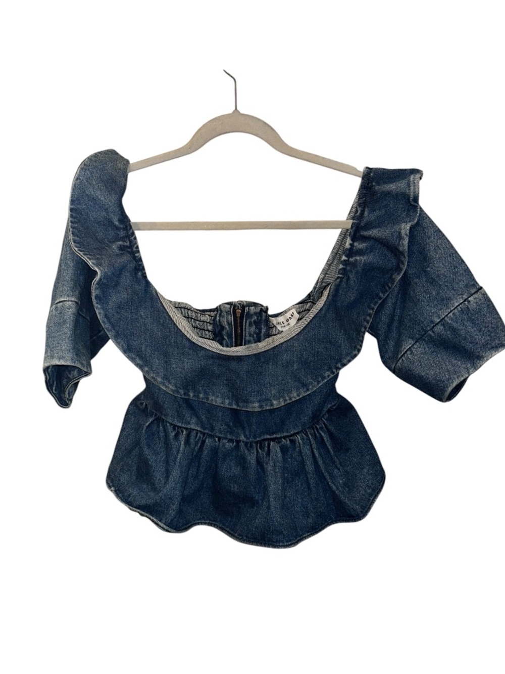 APIECE APART chambray denim off the shoulder cropped peplum top S